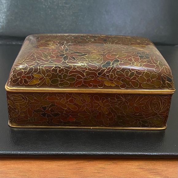 Vintage Chinese Cloisonne Brown Enamel Floral Hinged Trinket Box - Picture 6 of 16